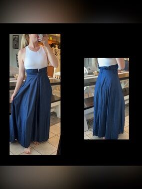 PADOVA Navy Blue Denim High-Waisted Boho Flowy Maxi Skirt